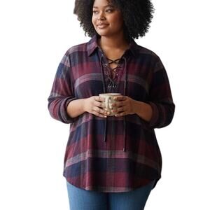 Lane Bryant Plaid Flannel Lace Up Top Womens Size 18/20 Multicolor Grommets 2X